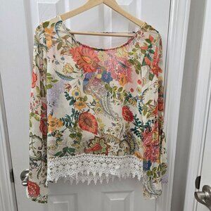 Gibiu Blouse Women Medium multicolor Floral Lace Trim Sheer Peasant Boho Cottage